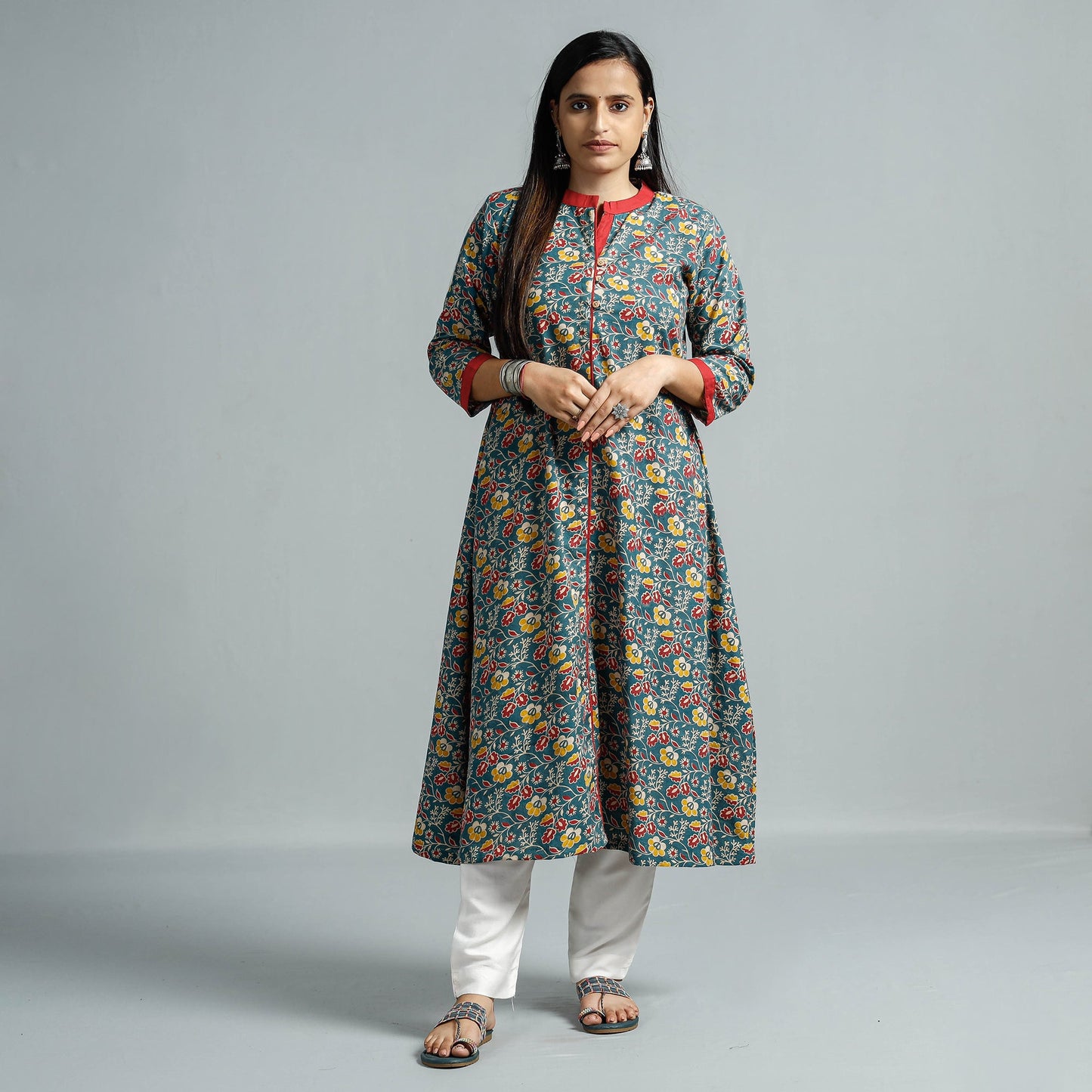 Kalamkari Printed Cotton Flared Kurta For Women
