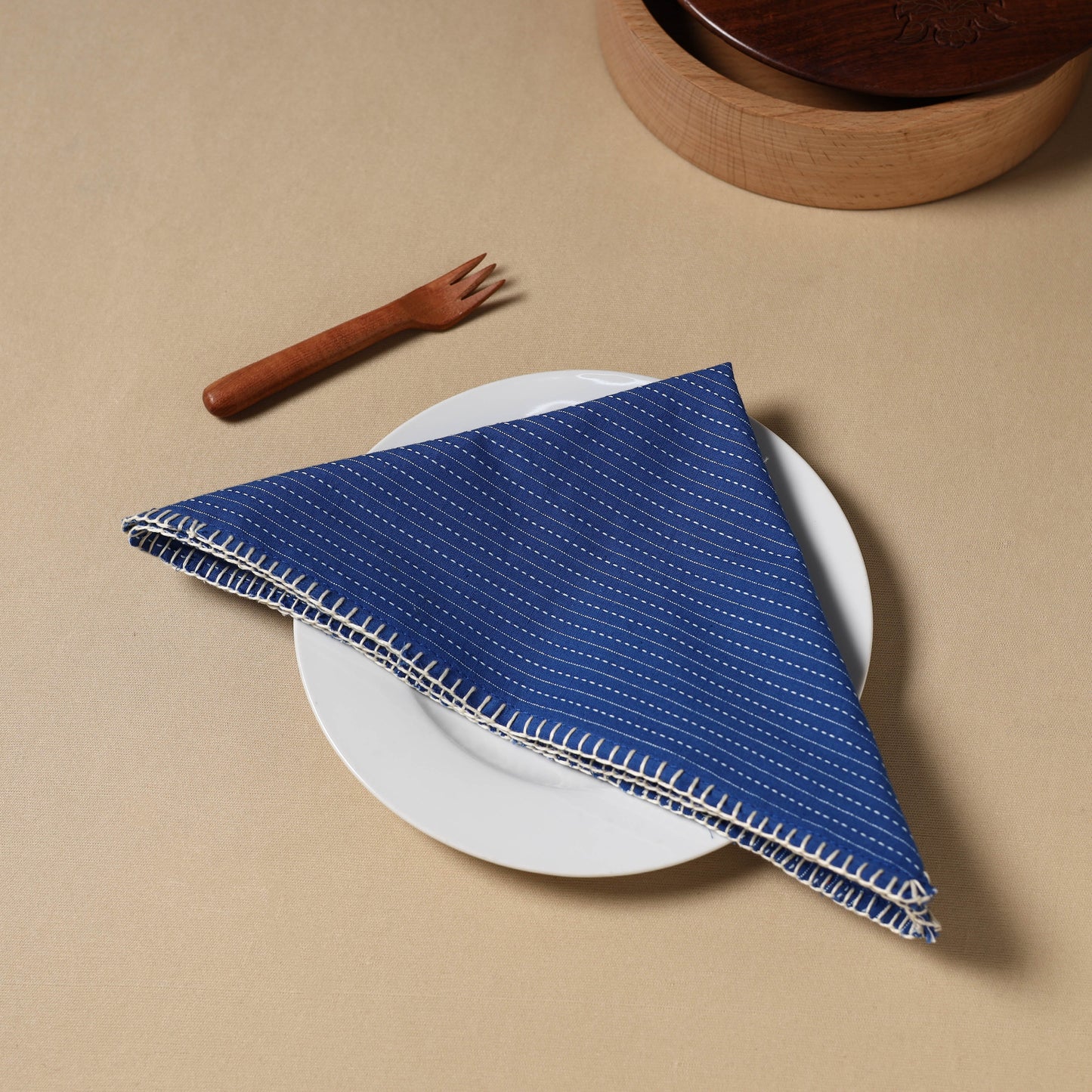 Blue Kantha Stitch Cotton Hand Embroidery Table Napkin 15