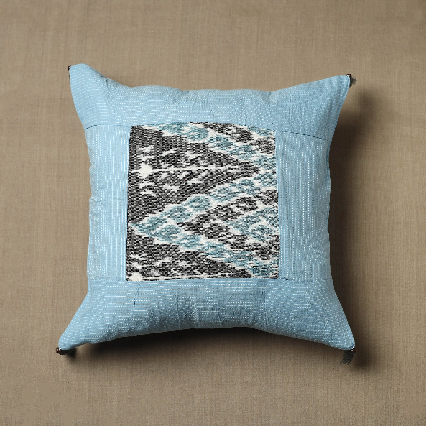 Blue Kantha Stitch Ikat Cotton Cushion Cover (16 x 16 in) 06