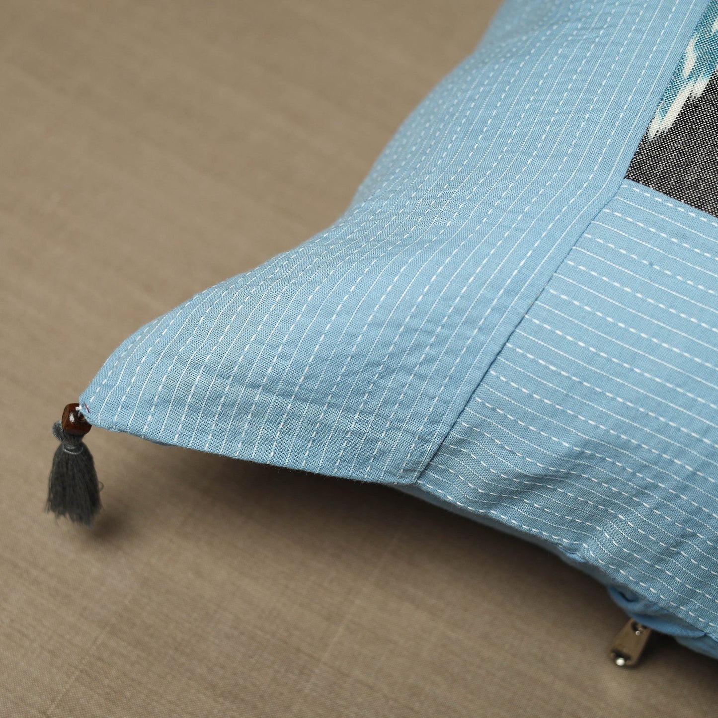 Blue Kantha Stitch Ikat Cotton Cushion Cover (16 x 16 in) 06