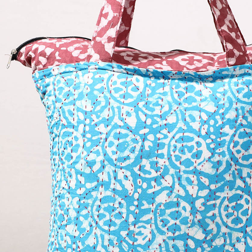 Blue Kantha Work Block Print Cotton Shopping Bag
