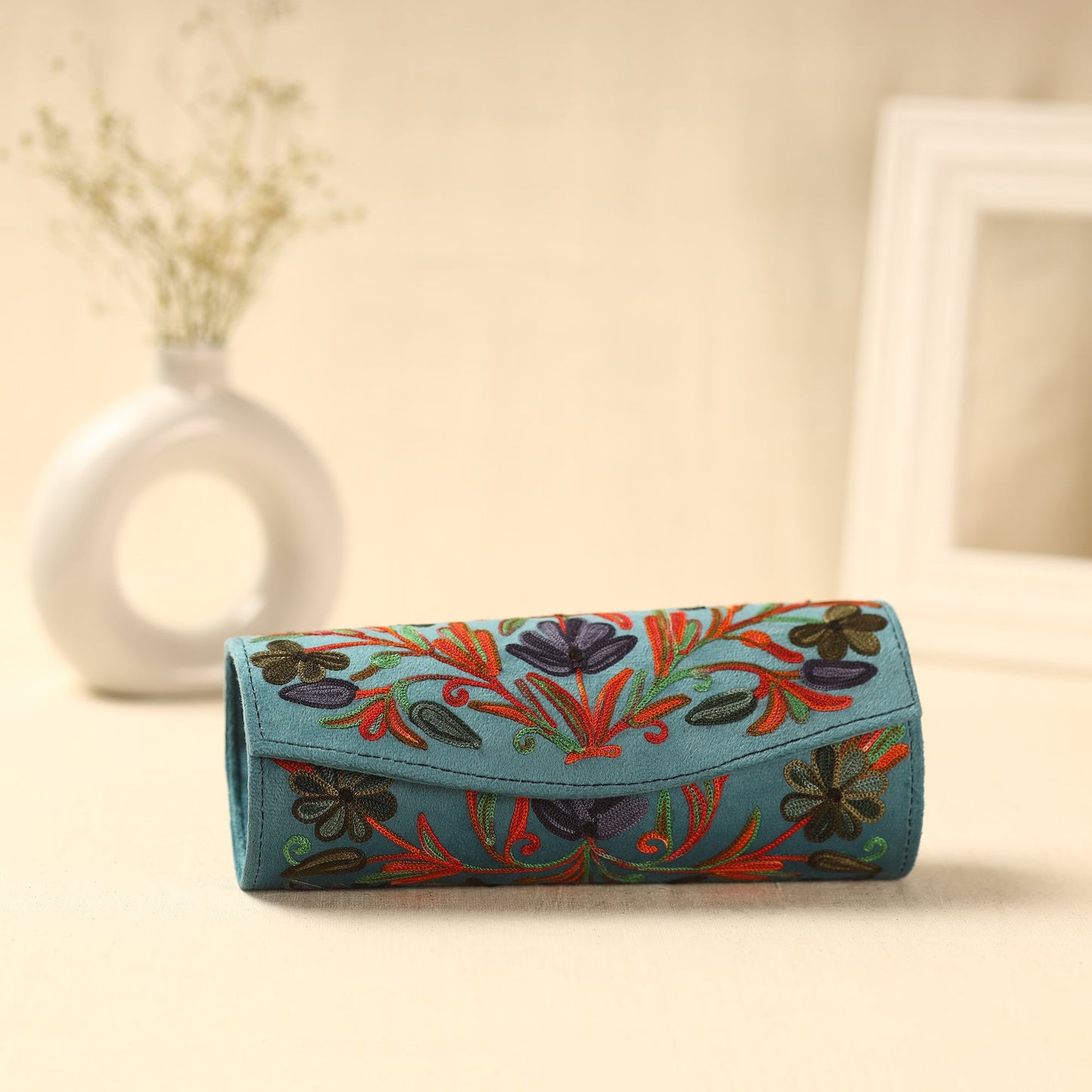 Blue Kashmiri Crewel Hand Embroidery Velvet Clutch