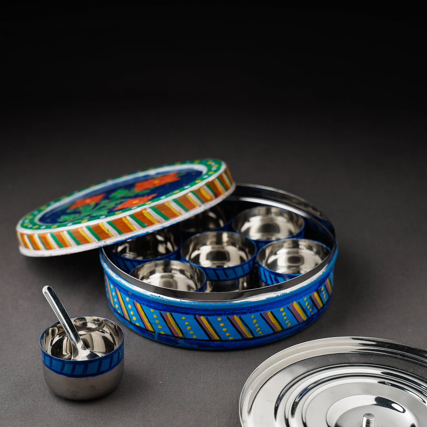 Kavad Handpainted Stainless Steel Blue Masala Box