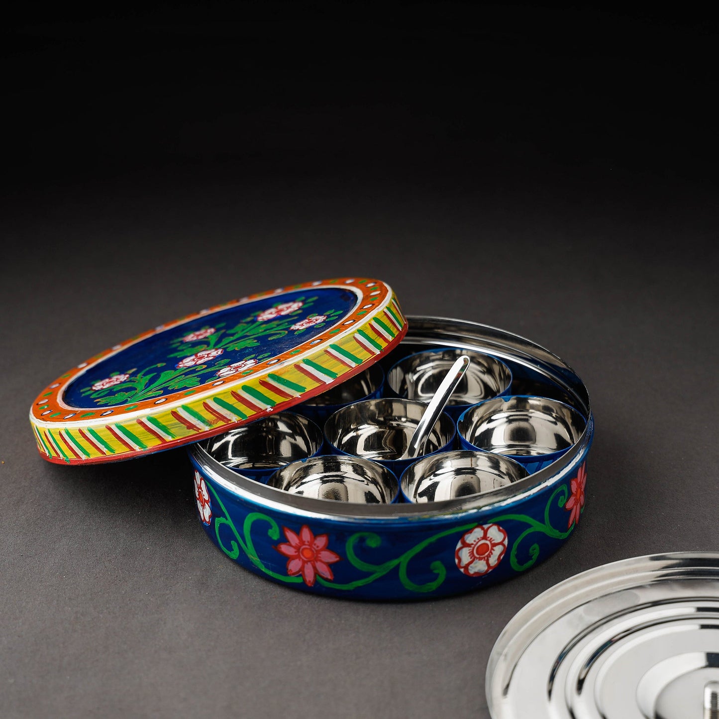 Blue Kavad Handpainted Stainless Steel Masala Box