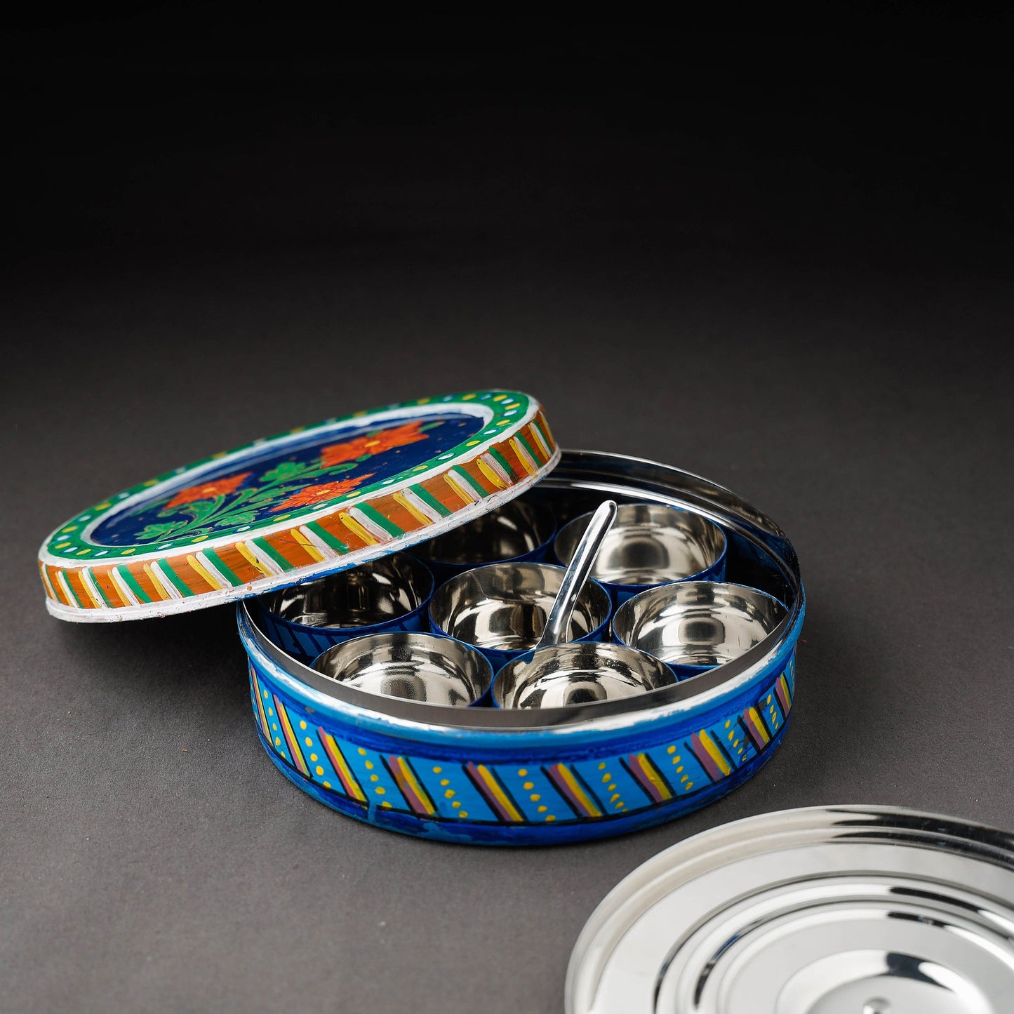 Kavad Handpainted Stainless Steel Blue Masala Box
