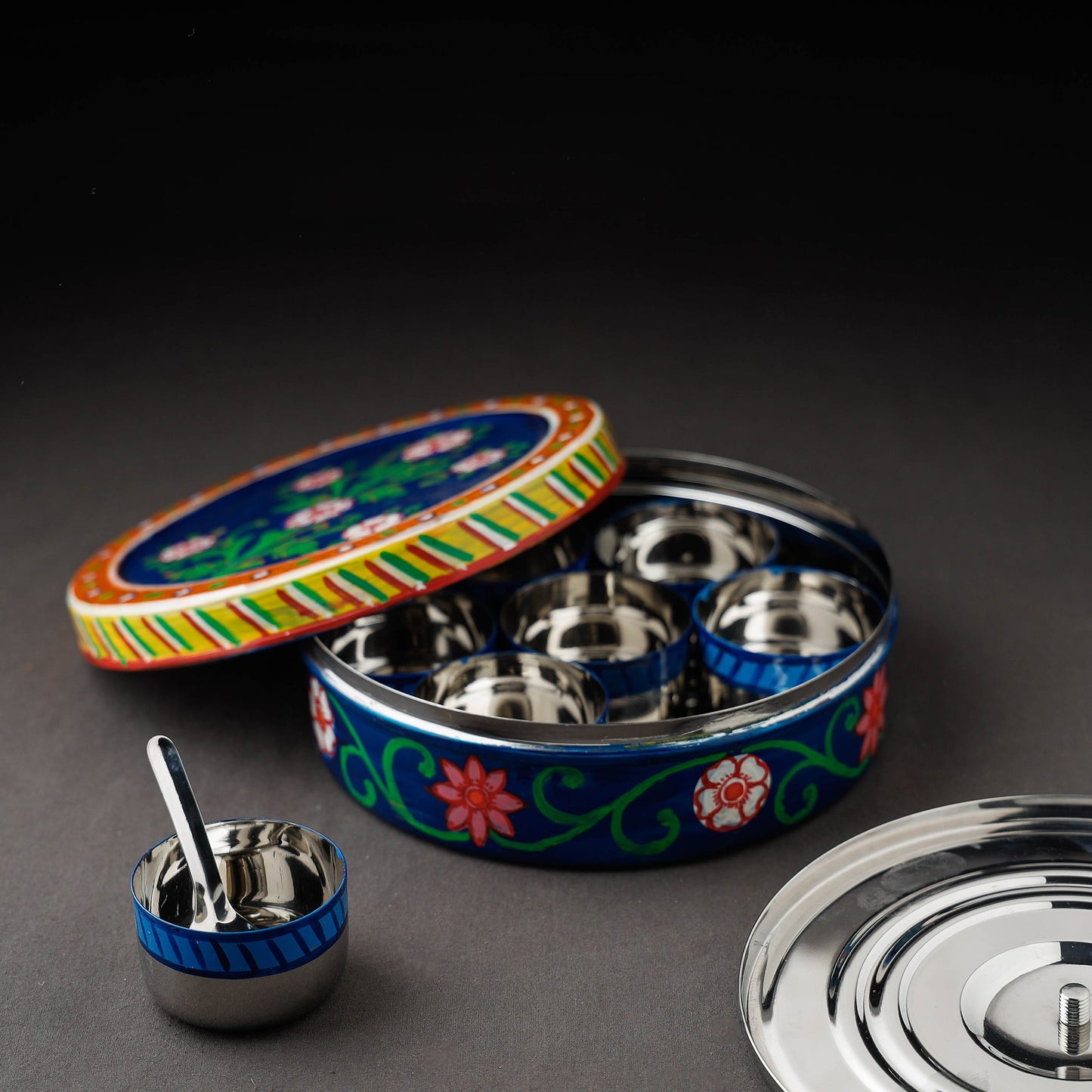 Blue Kavad Handpainted Stainless Steel Masala Box