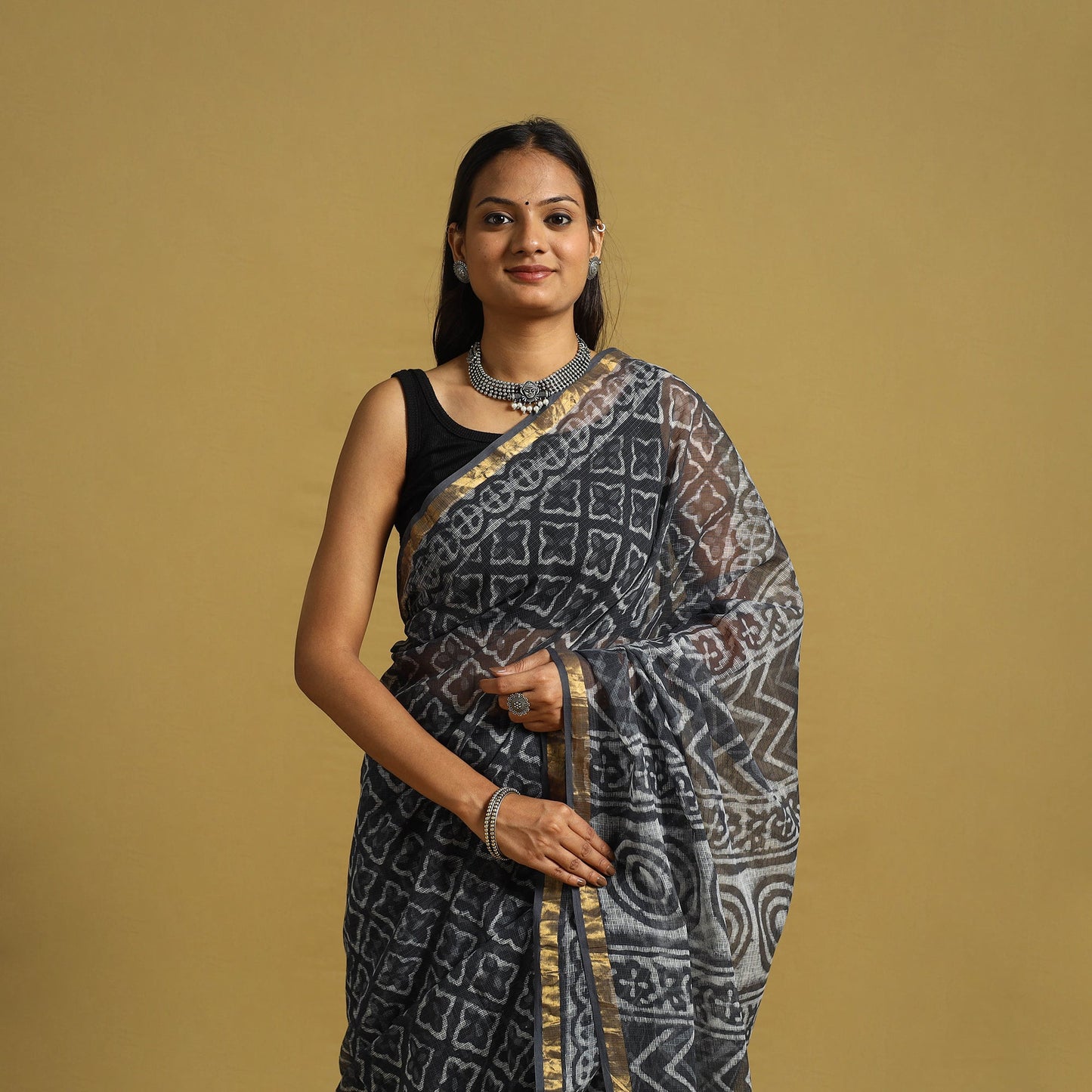 Blue - kota doria cotton bagru saree 20 - handcrafted
