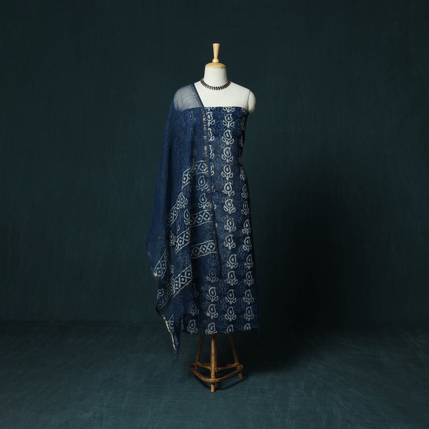 Kota doria cotton hand block indigo bagru print 3pc