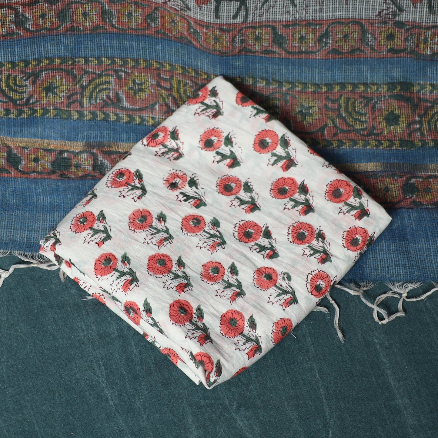 Kota doria cotton hand block sanganeri print 3pc unstitched