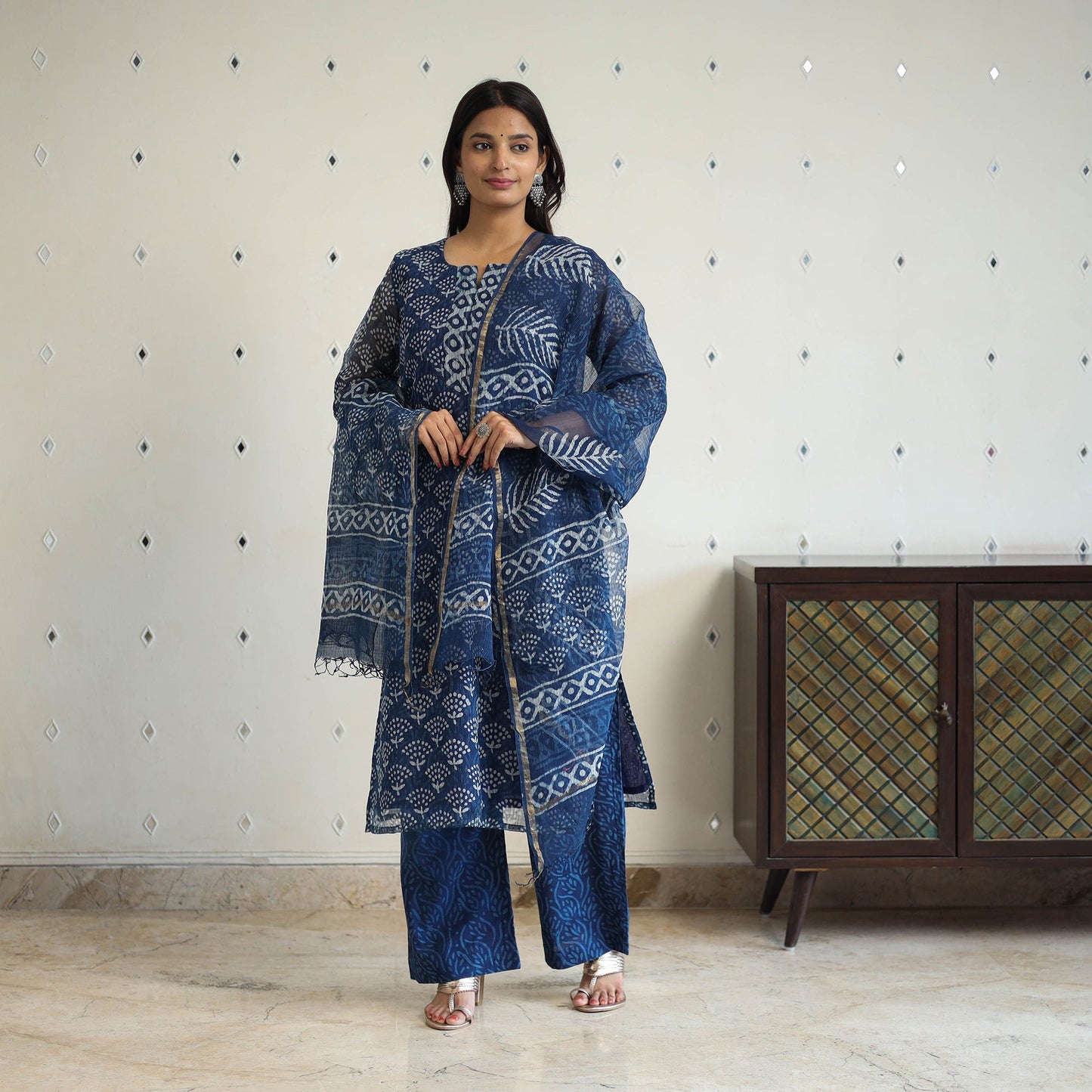 Blue Kota Doria Cotton Indigo Bagru Print Kurta Set (Set of 3)