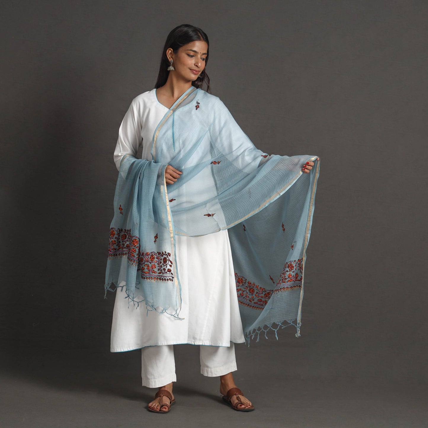 Blue Kota Doria Silk Cotton Kashida Embroidery Dupatta
