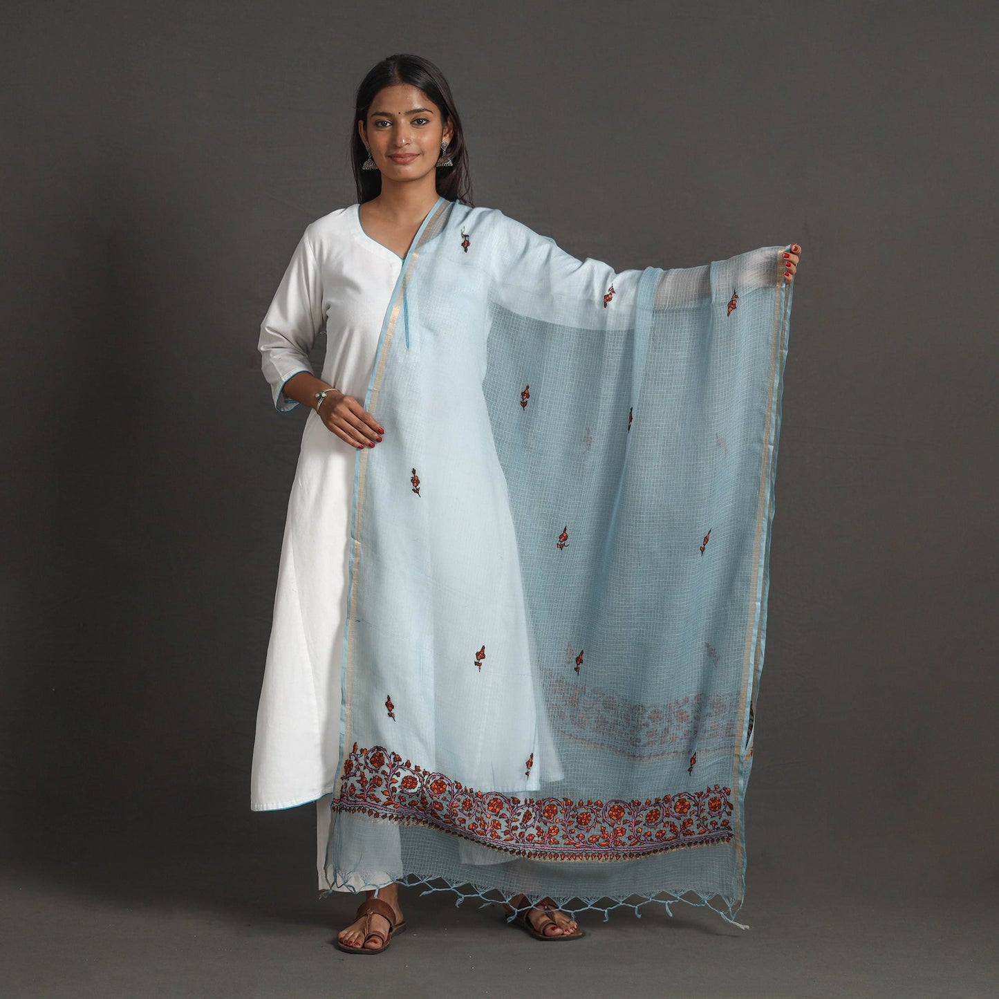 Blue Kota Doria Silk Cotton Kashida Embroidery Dupatta