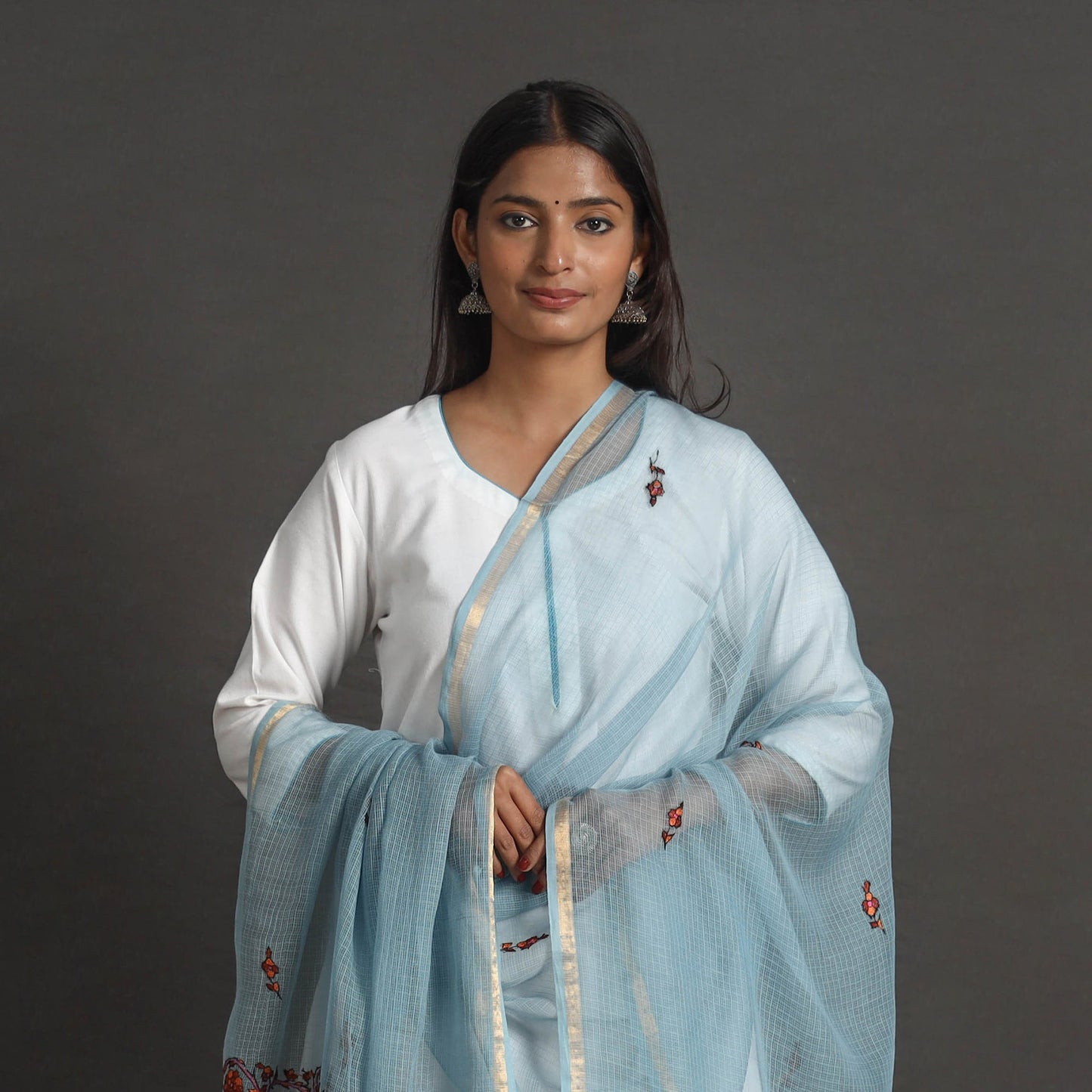 Blue Kota Doria Silk Cotton Kashida Embroidery Dupatta