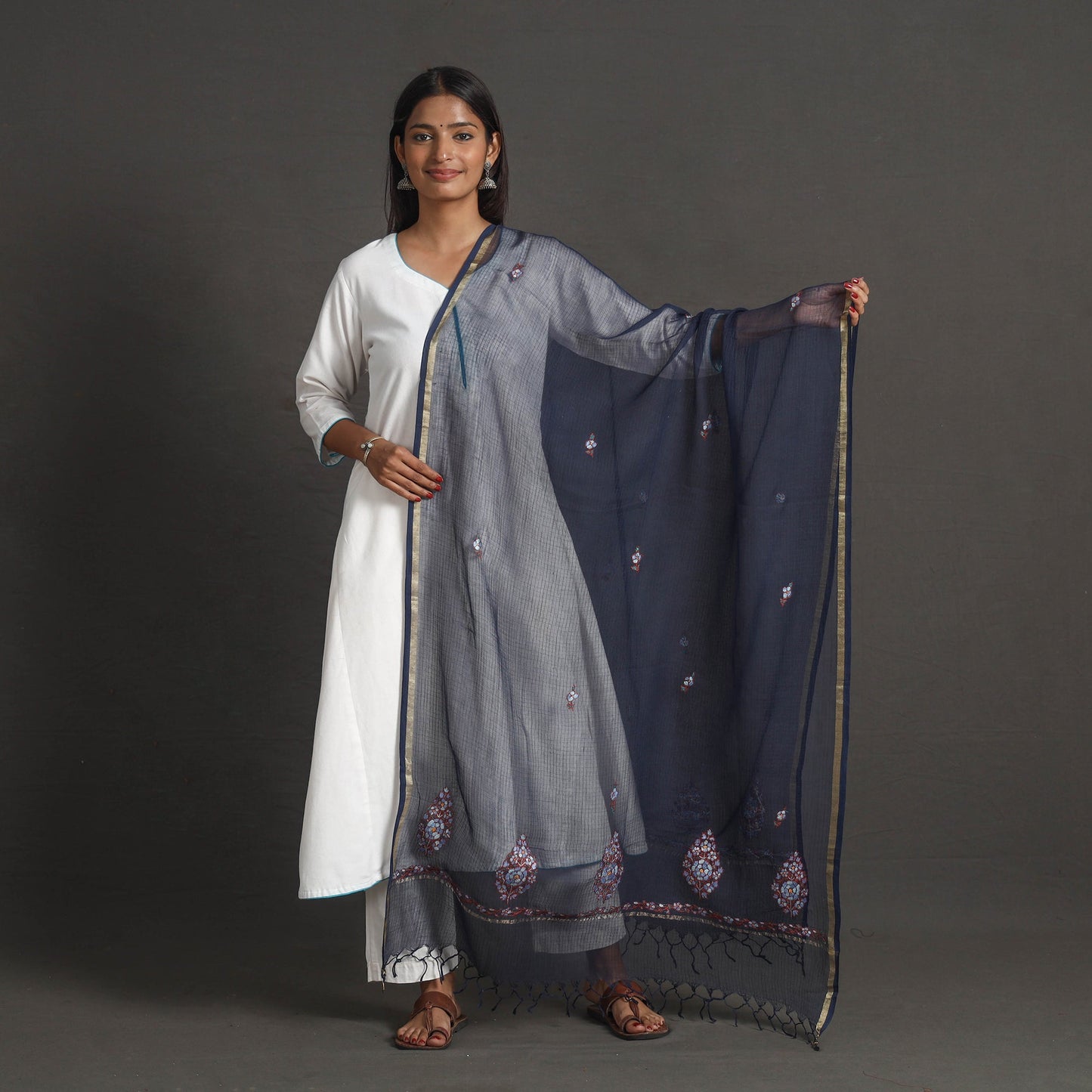 Blue Kota Doria Silk Cotton Kashida Embroidery Dupatta Online