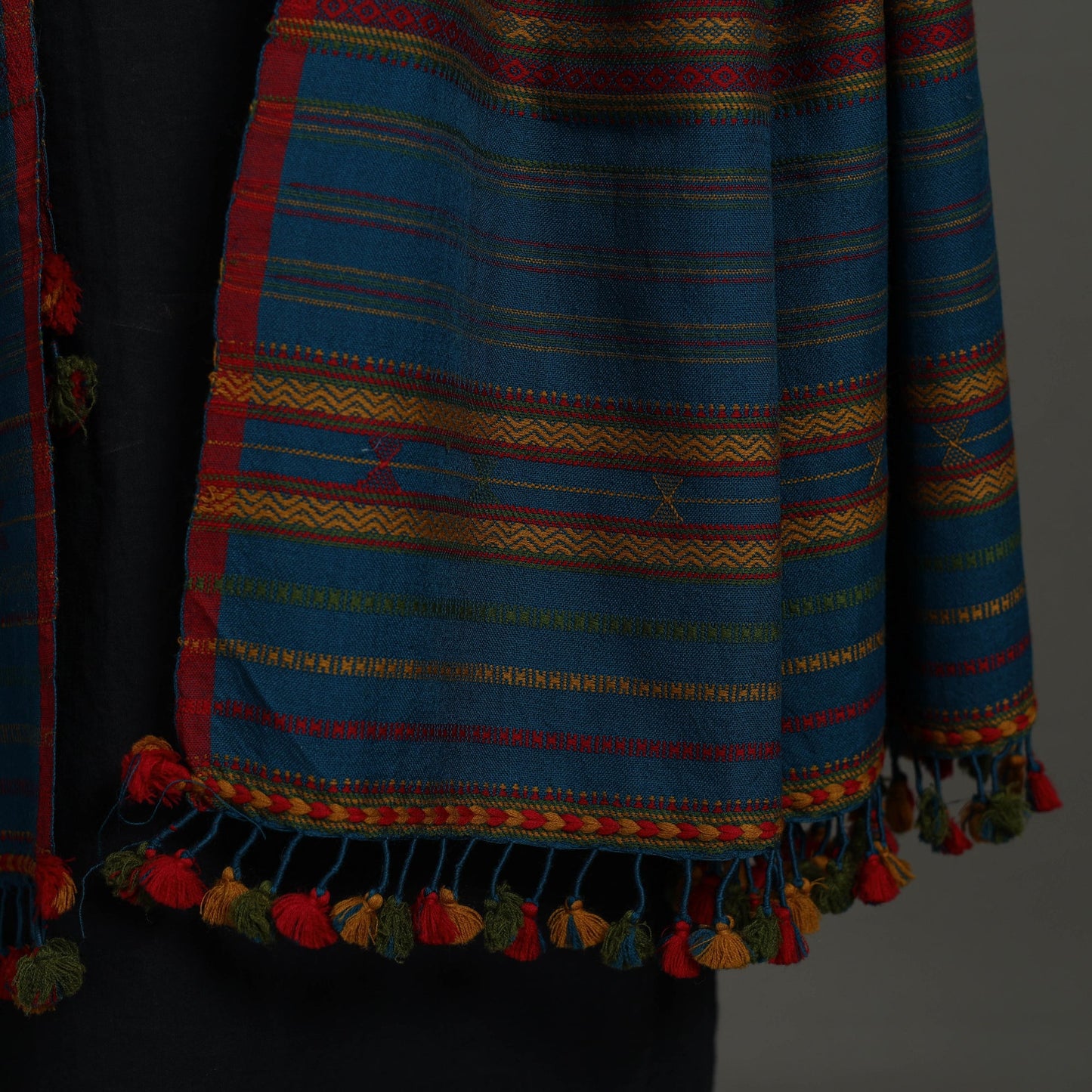 Blue Kutch Bhujodi Weaving Mirror Work Handloom Woolen Shawl