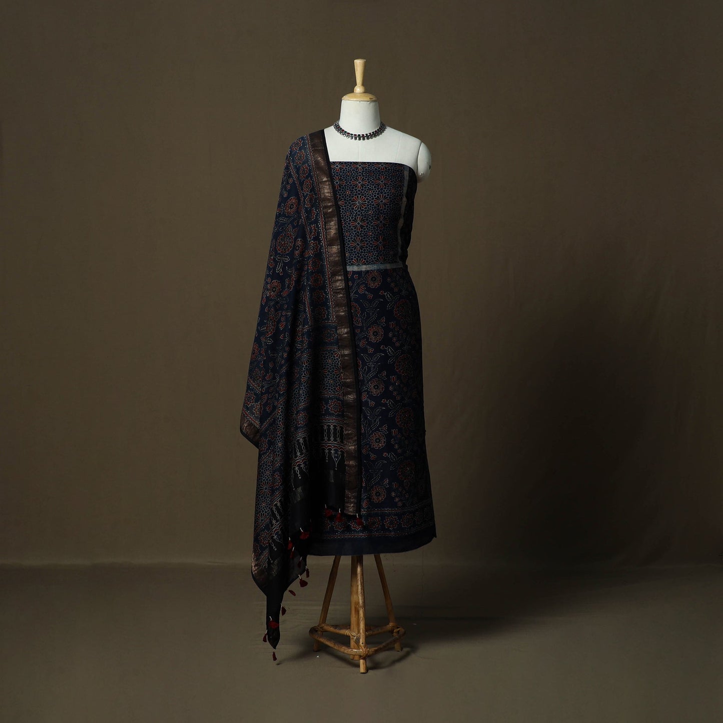 Kutch hand block ajrakh print natural dyed chanderi silk