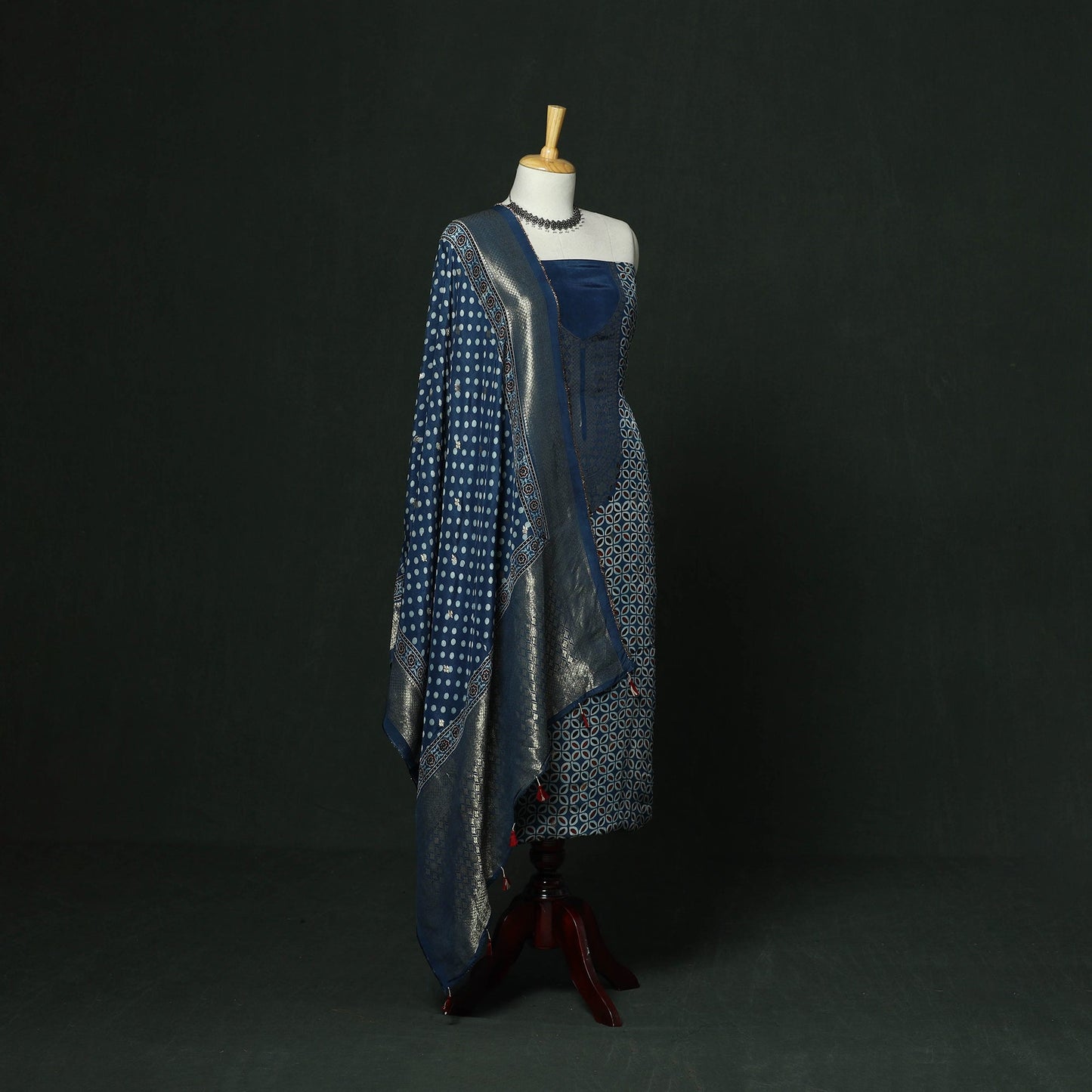 Kutch hand block ajrakh print natural dyed dola silk zari
