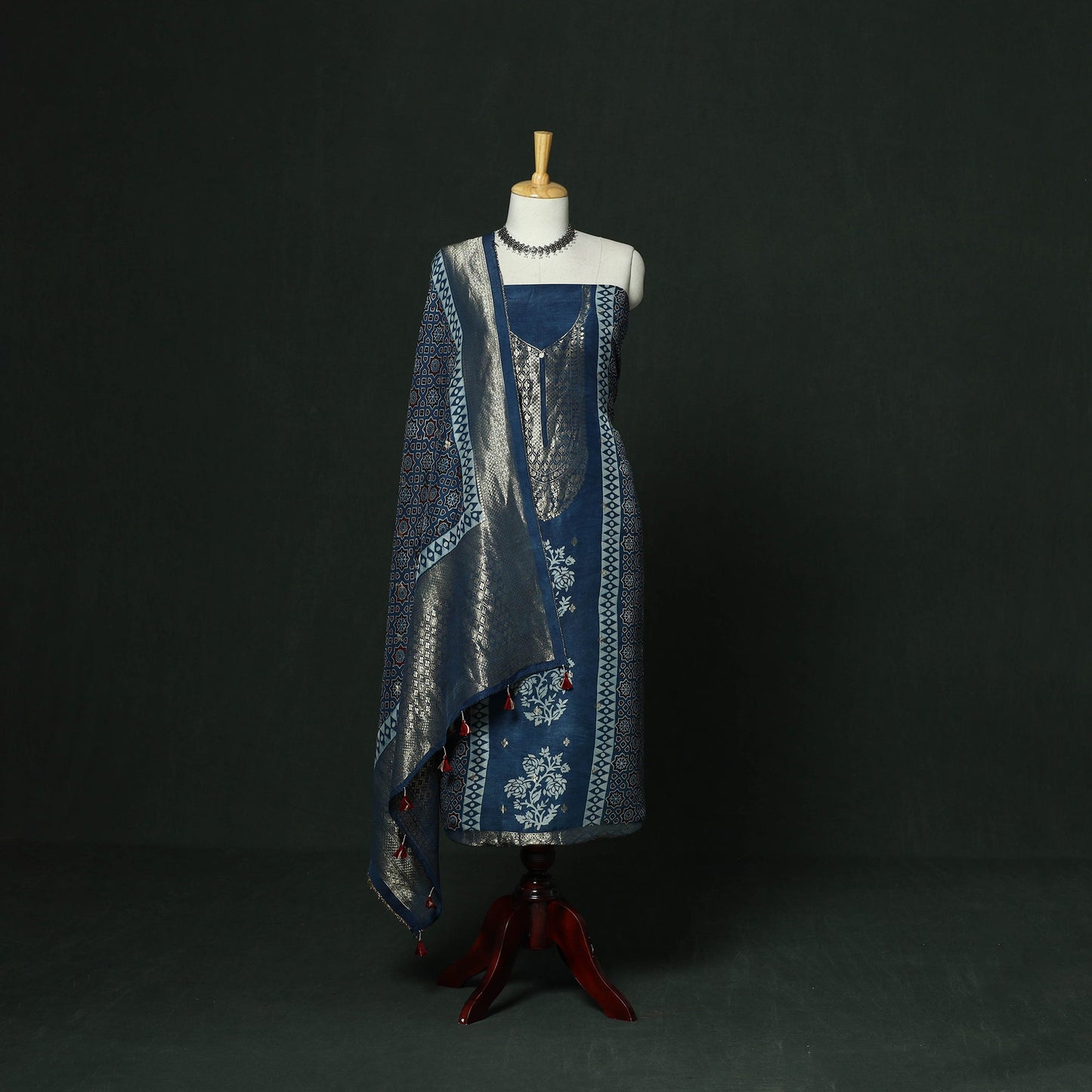 Kutch hand block ajrakh print natural dyed dola silk zari