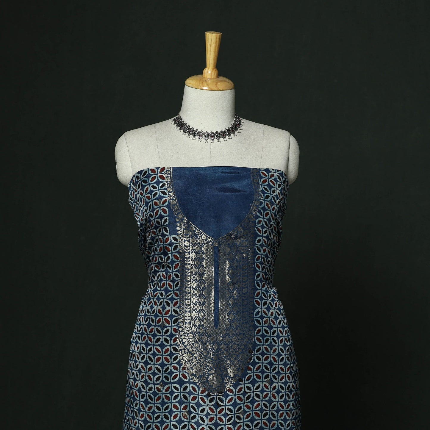 Kutch hand block ajrakh print natural dyed dola silk zari
