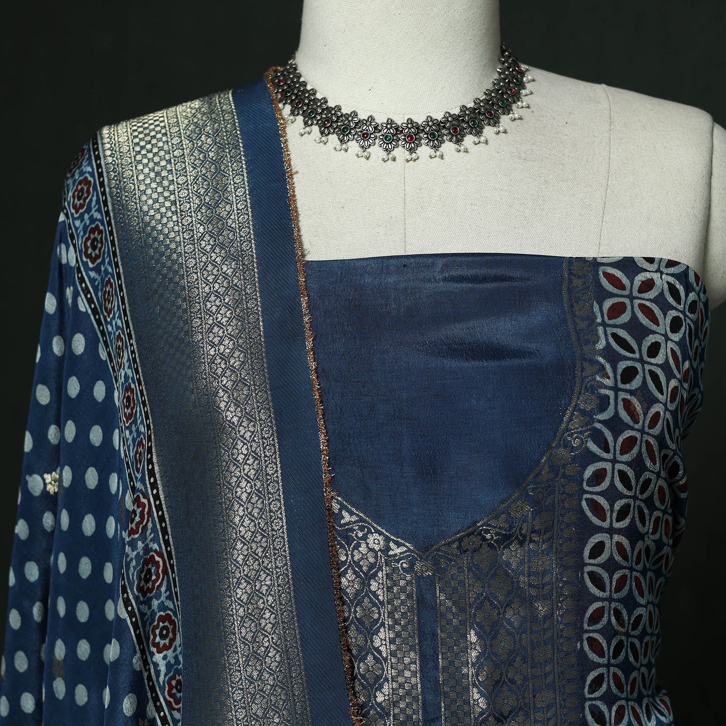 Kutch hand block ajrakh print natural dyed dola silk zari