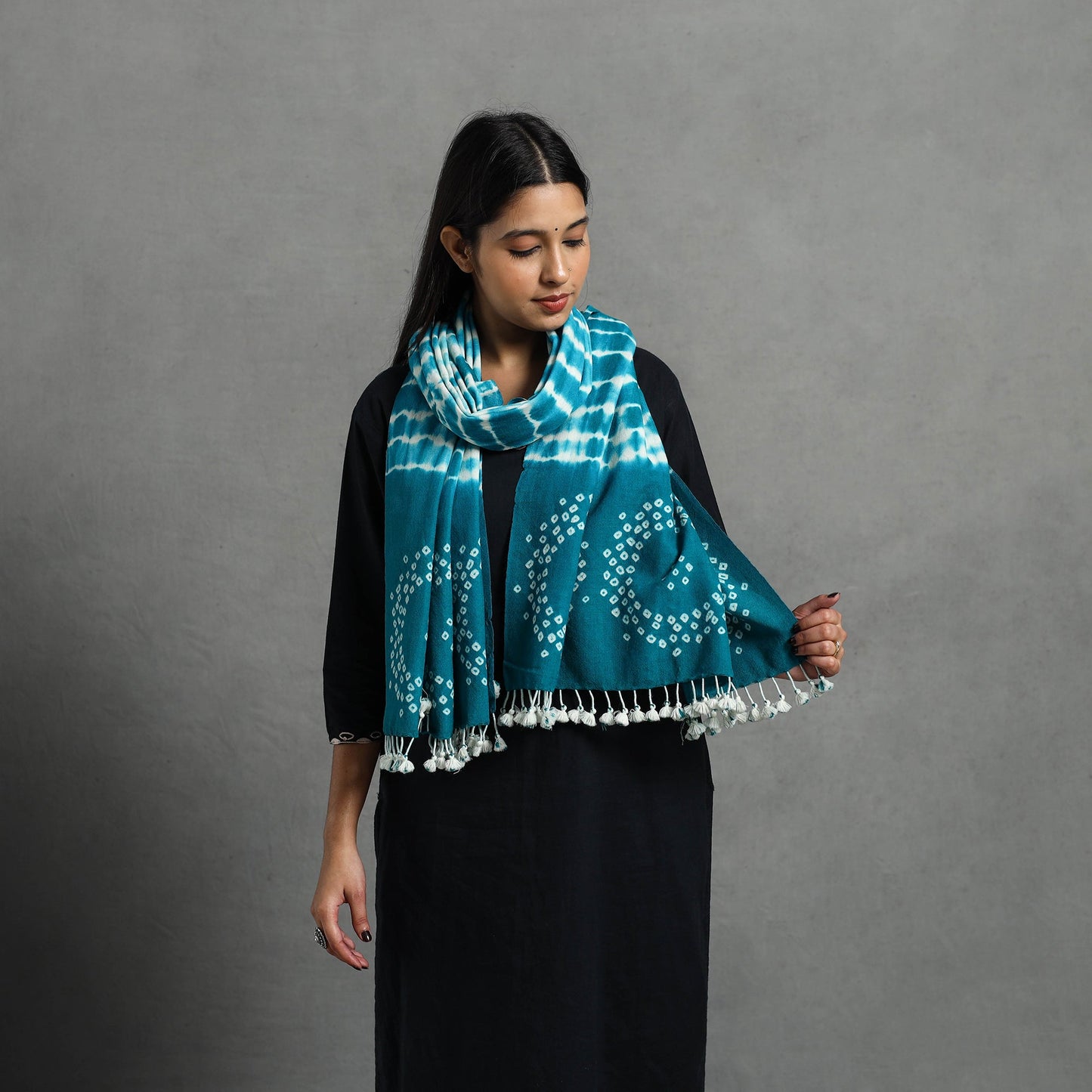 Blue Kutch Handwoven Merino Wool Shibori & Bandhani Stole