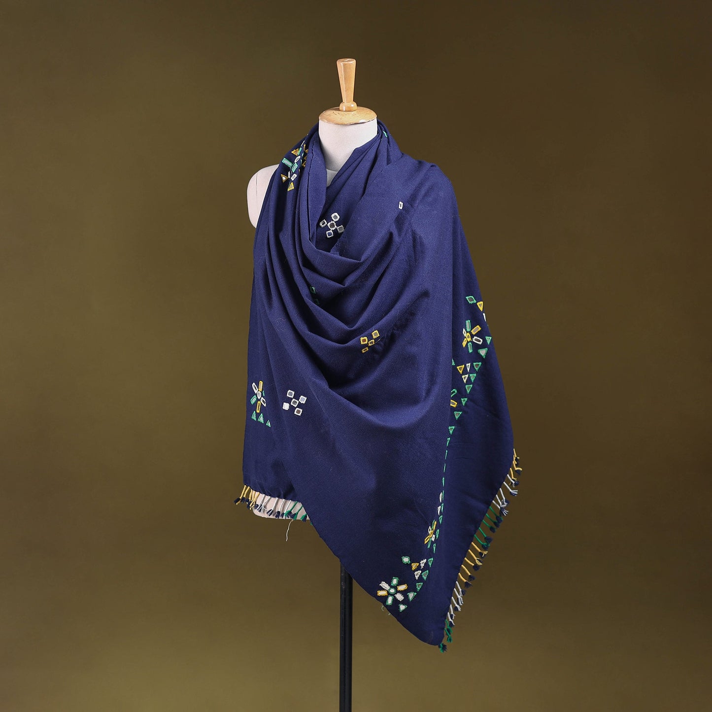 Blue - kutch handwoven mirror work acrylic wool shawl 127