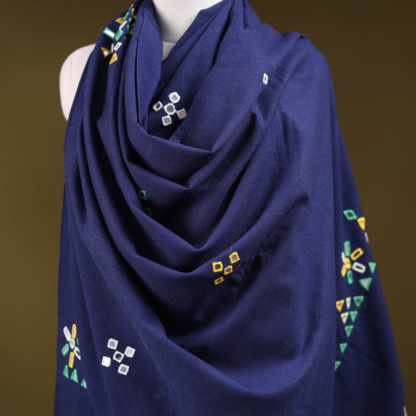 Blue - kutch handwoven mirror work acrylic wool shawl 127