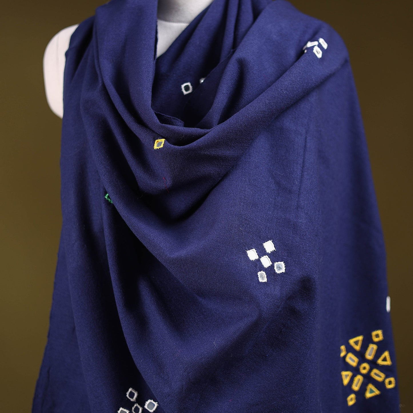 Blue - kutch handwoven mirror work acrylic wool shawl 129