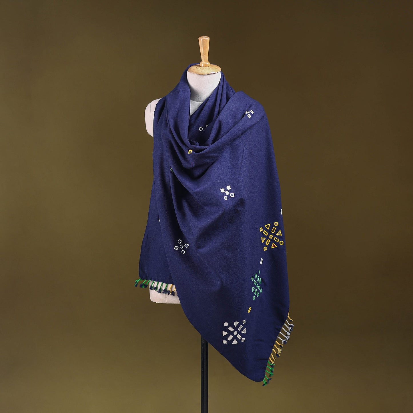 Blue - kutch handwoven mirror work acrylic wool shawl 129