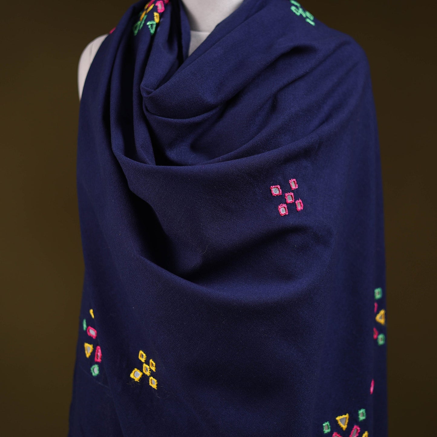 Blue - kutch handwoven mirror work acrylic wool shawl 136