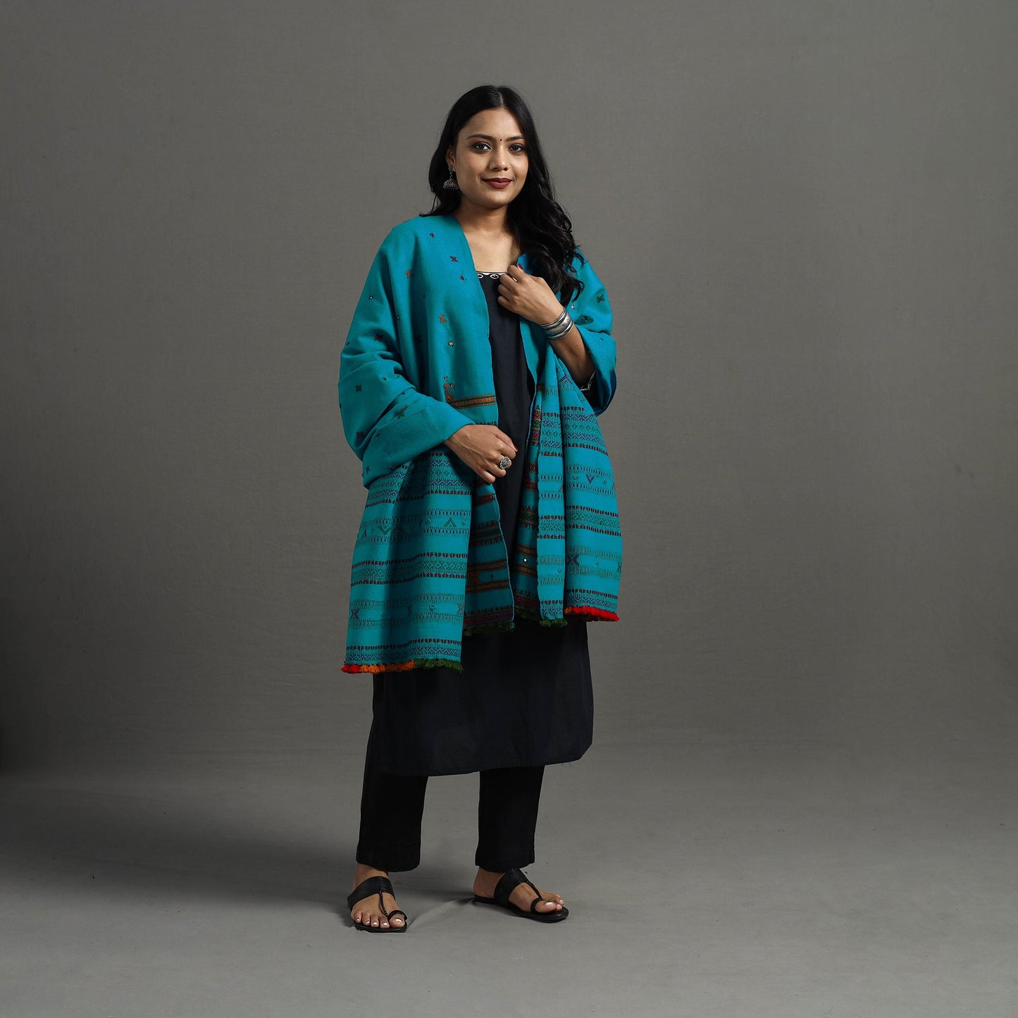 Blue Kutch Handwoven Mirror Work Woollen Shawl