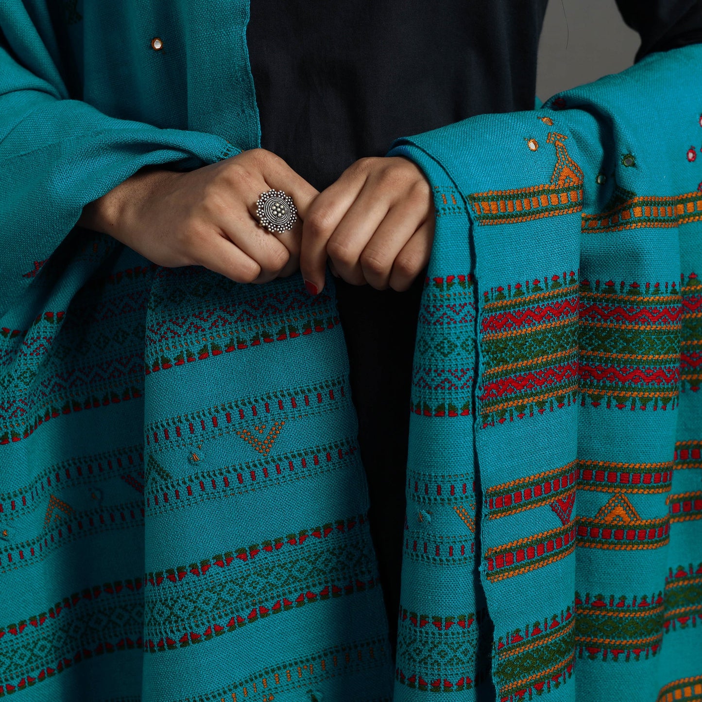 Blue Kutch Handwoven Mirror Work Woollen Shawl