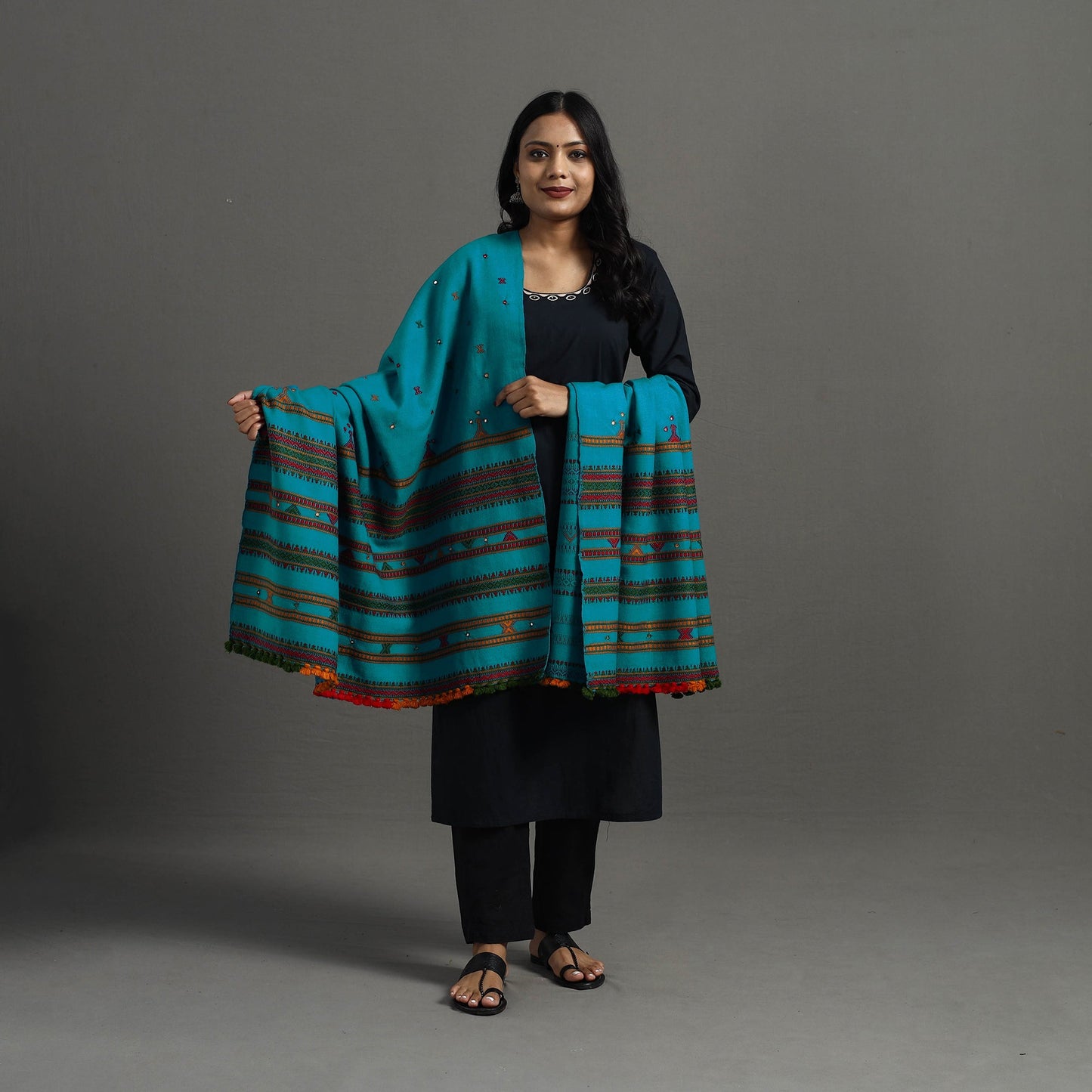 Blue Kutch Handwoven Mirror Work Woollen Shawl