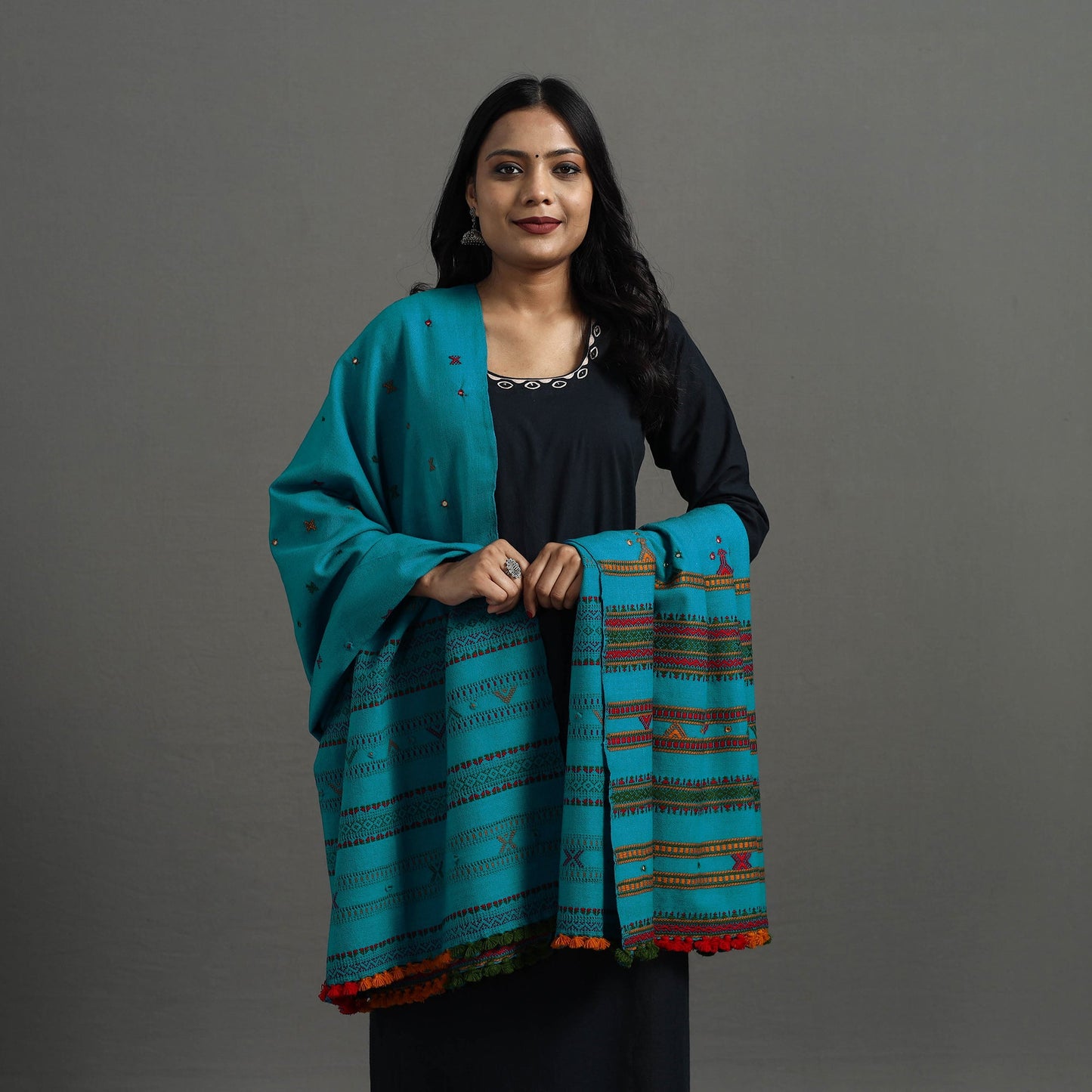 Blue Kutch Handwoven Mirror Work Woollen Shawl