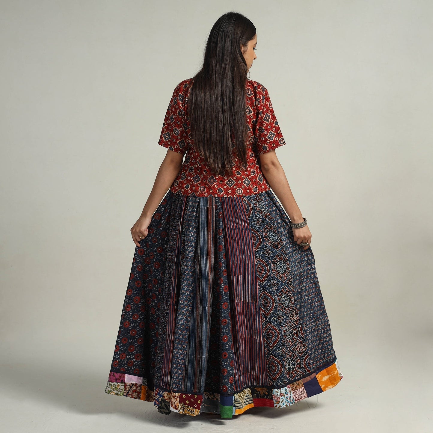 Buy Blue Kutch Block Printed 24 Kali Cotton Long Skirt