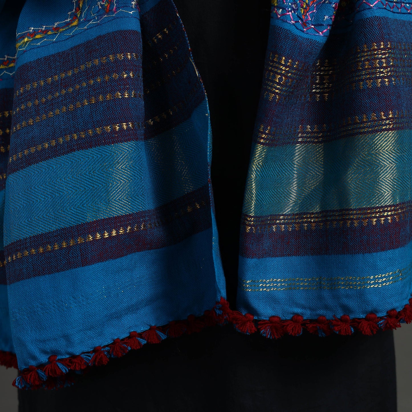 Blue Kutch Neran Hand Embroidery Mirror Work Woollen Shawl
