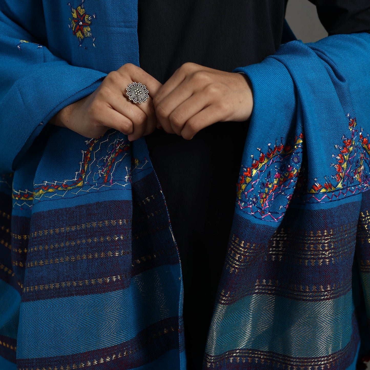Blue Kutch Neran Hand Embroidery Mirror Work Woollen Shawl