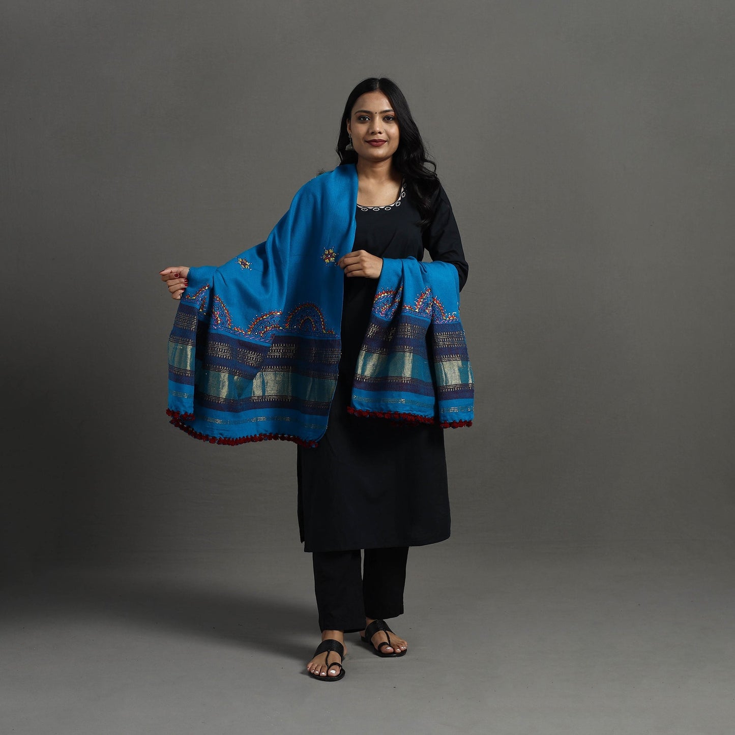 Blue Kutch Neran Hand Embroidery Mirror Work Woollen Shawl