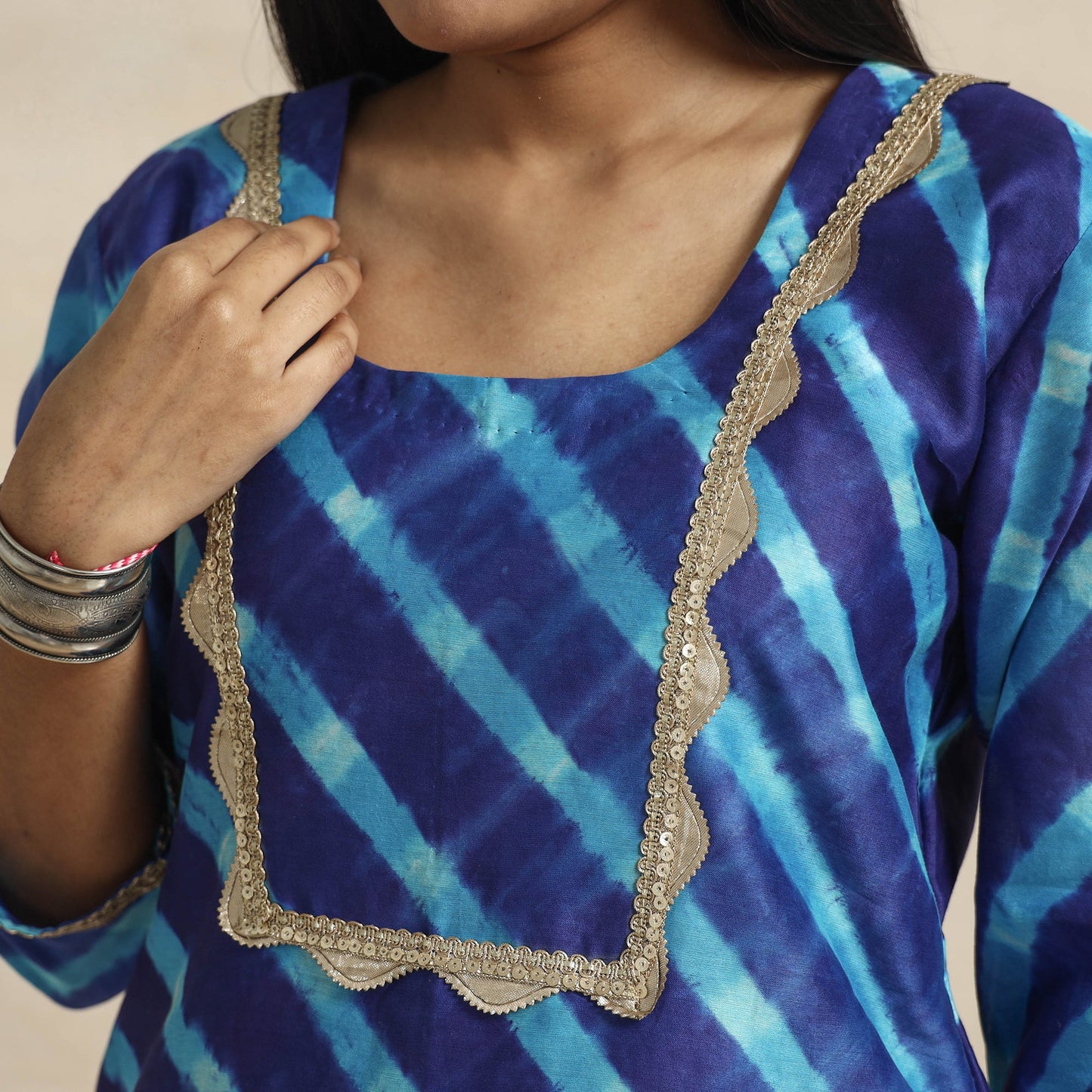 Leheriya Tie-Dye Chanderi Silk Kurta with Lace Work