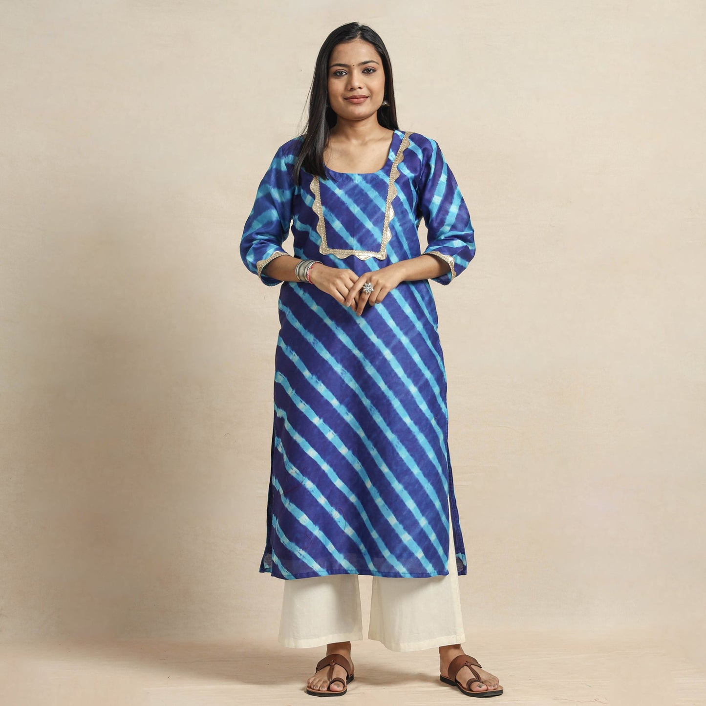 Leheriya Tie-Dye Chanderi Silk Kurta with Lace Work