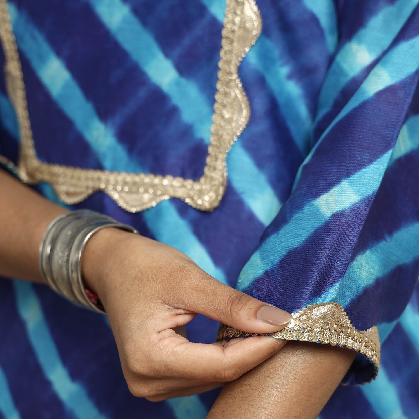 Leheriya Tie-Dye Chanderi Silk Kurta with Lace Work