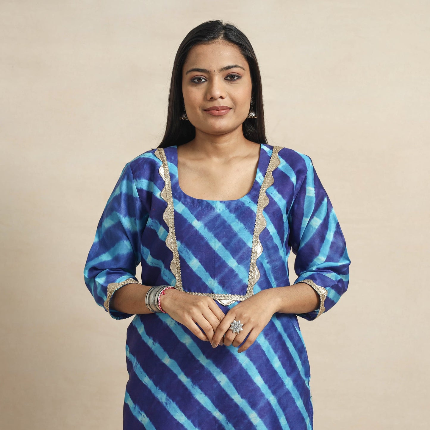 Leheriya Tie-Dye Chanderi Silk Kurta with Lace Work
