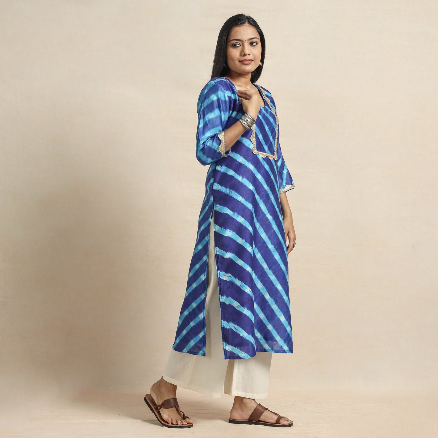 Leheriya Tie-Dye Chanderi Silk Kurta with Lace Work