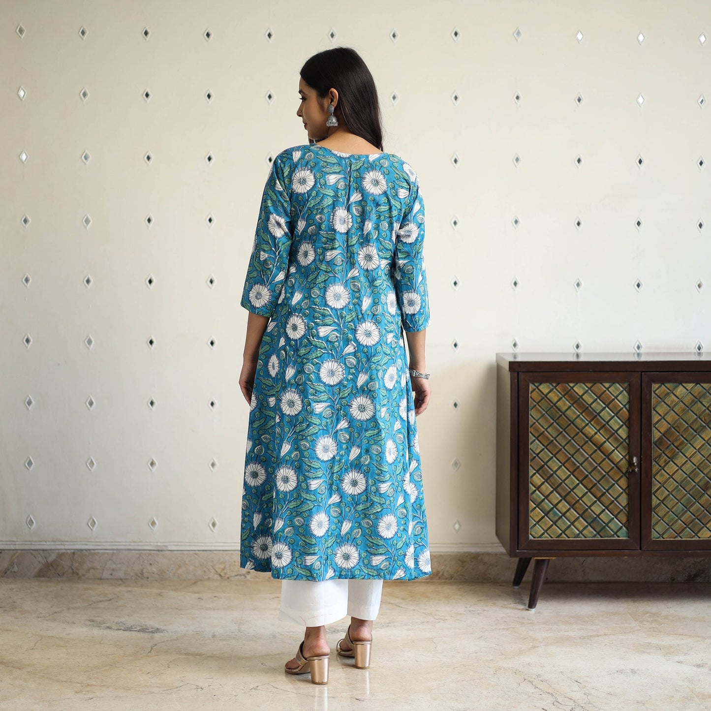 Blue A-Line Cotton Block Print Sanganeri Kurta