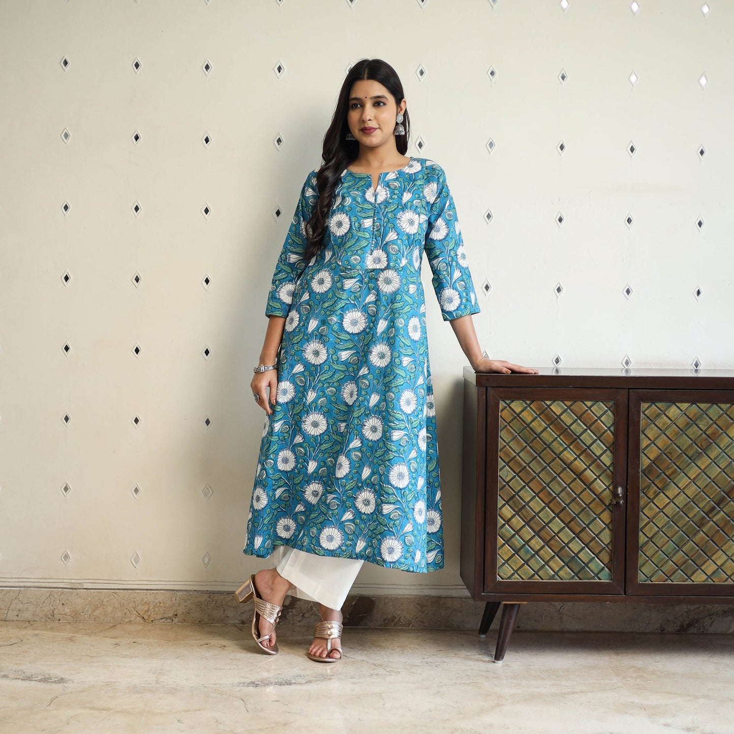 Blue A-Line Cotton Block Print Sanganeri Kurta