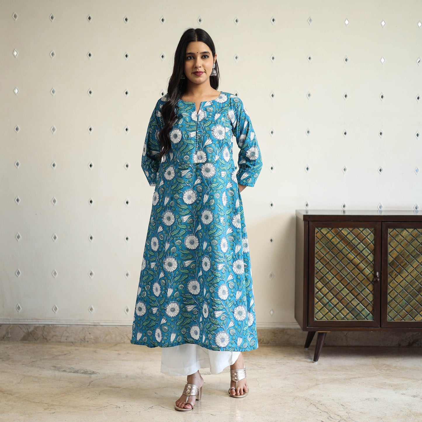 Blue A-Line Cotton Block Print Sanganeri Kurta