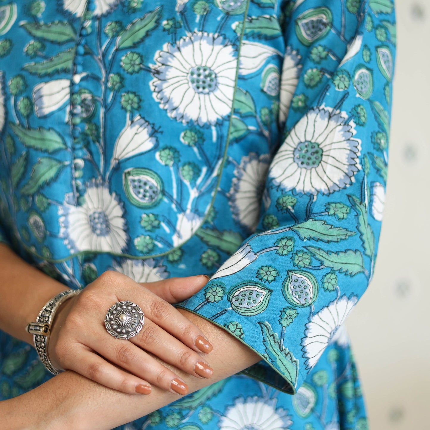 Blue A-Line Cotton Block Print Sanganeri Kurta