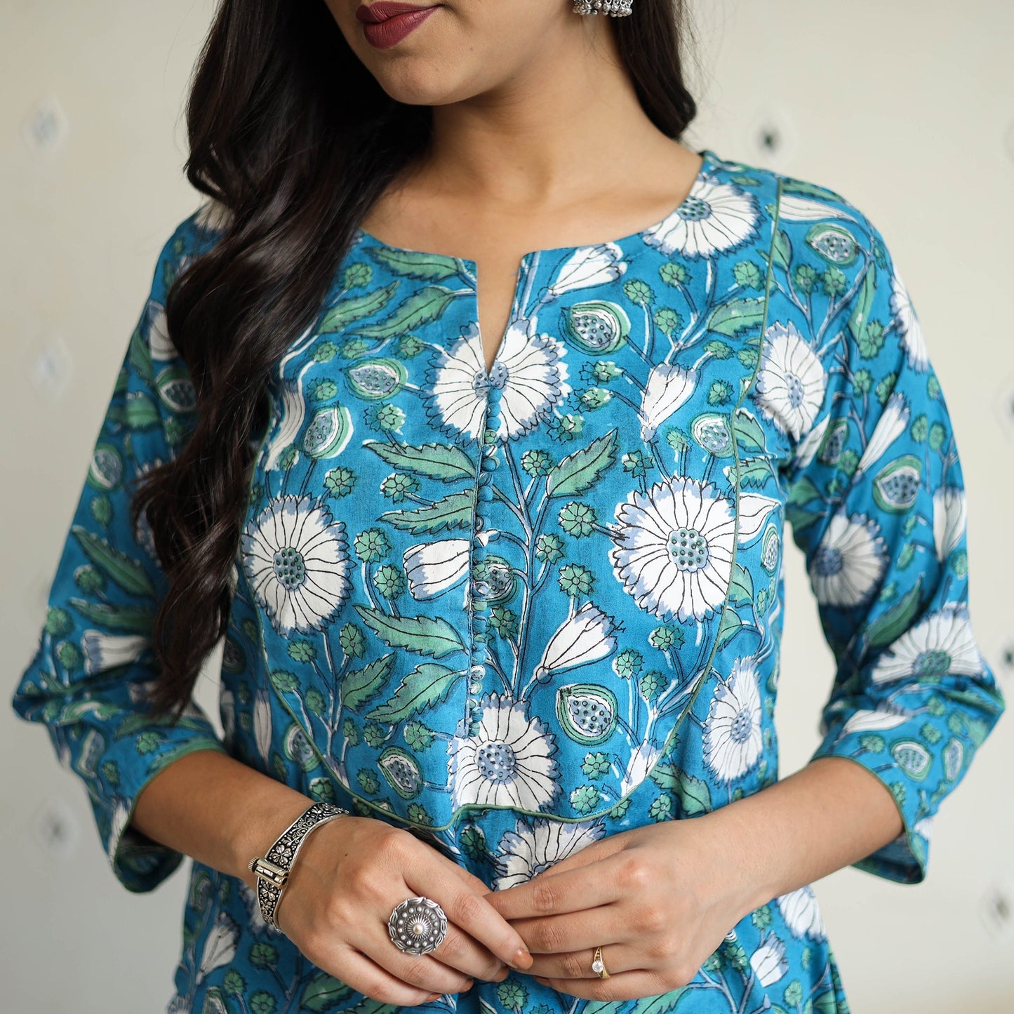 Blue A-Line Cotton Block Print Sanganeri Kurta