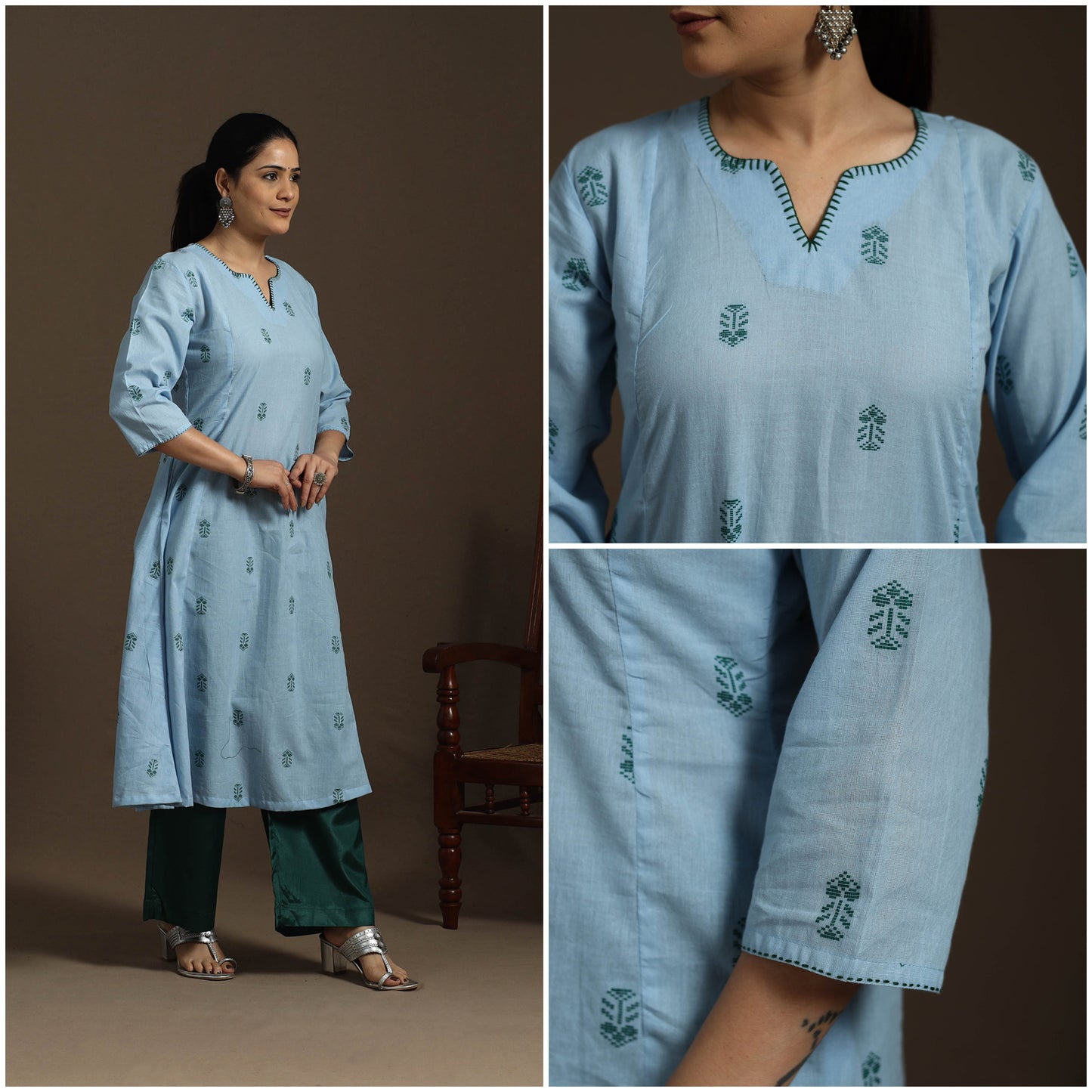 A-line cotton hand embroidered jacquard kurta for women 23
