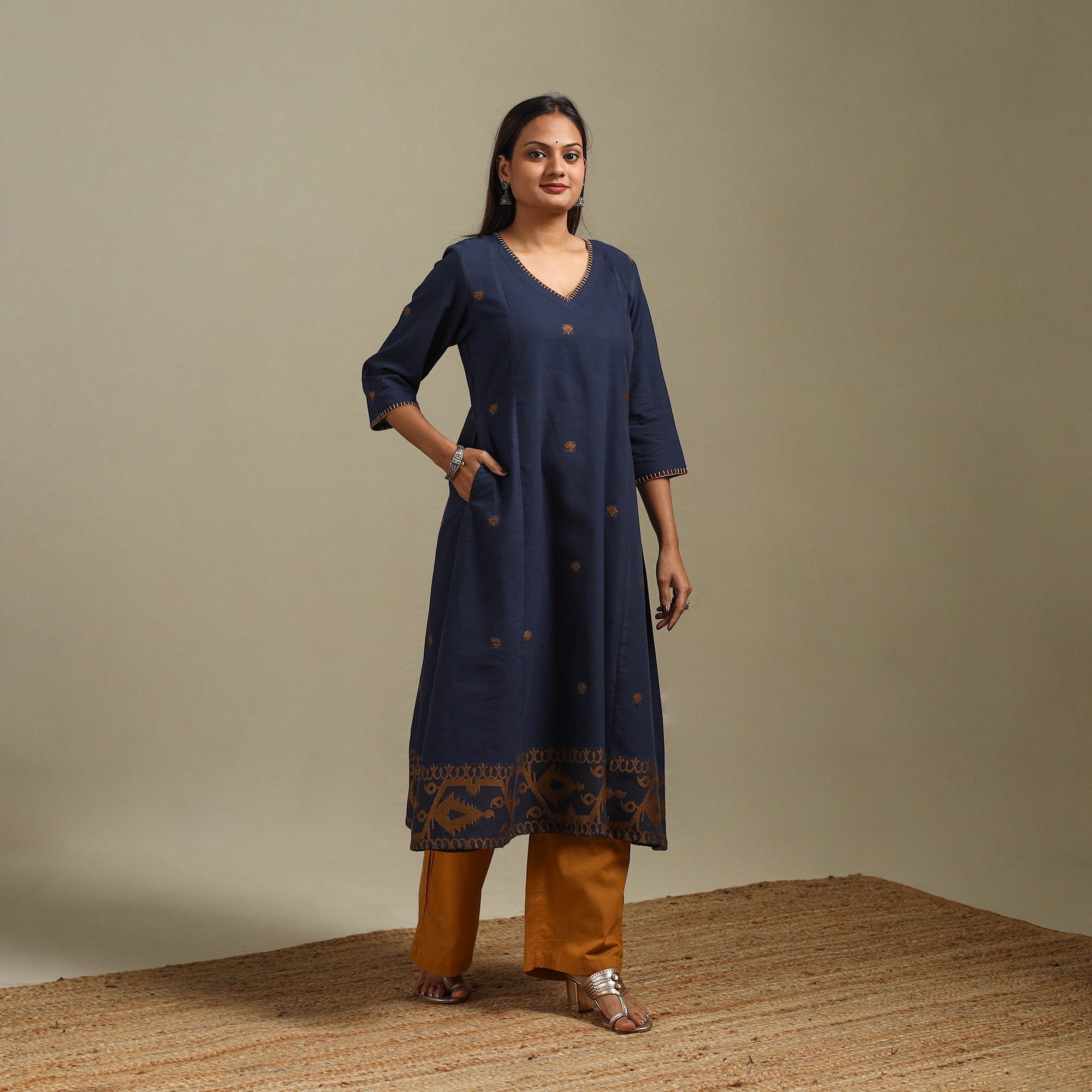 Blue - A-Line Cotton Hand Embroidered Thread Buti Border Kurta for women 05